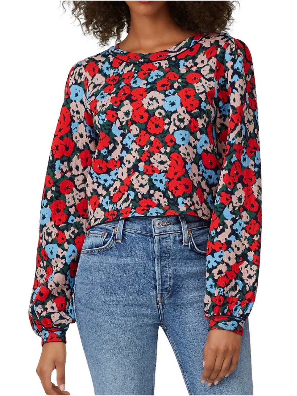 Milly Red Blue Floral Long-Sleeve Crewneck Top